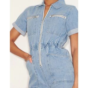 PLT mid blue wash zip front denim romper size-s